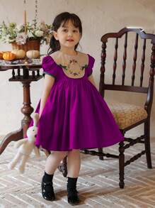 Đầm bé gái Thắt nút Thêu Khối Màu Hoa Dễ thương - Màu tím - Xem 5