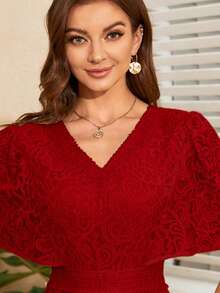 素色V領蕾絲連衣裙 - 酒紅色 - 查看 3