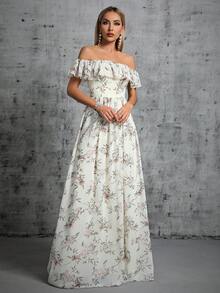 Váy phù dâu Xù Dây kéo Tách cao Hoa Tất cả trên in - Màu be - Xem 5