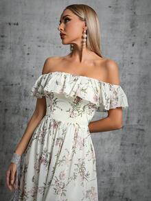 Váy phù dâu Xù Dây kéo Tách cao Hoa Tất cả trên in - Màu be - Xem 6