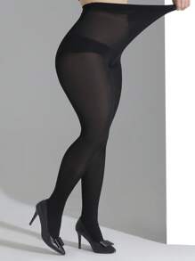 1雙女性大碼素色時尚褲襪適用於日常 - 黑色 - 查看 2
