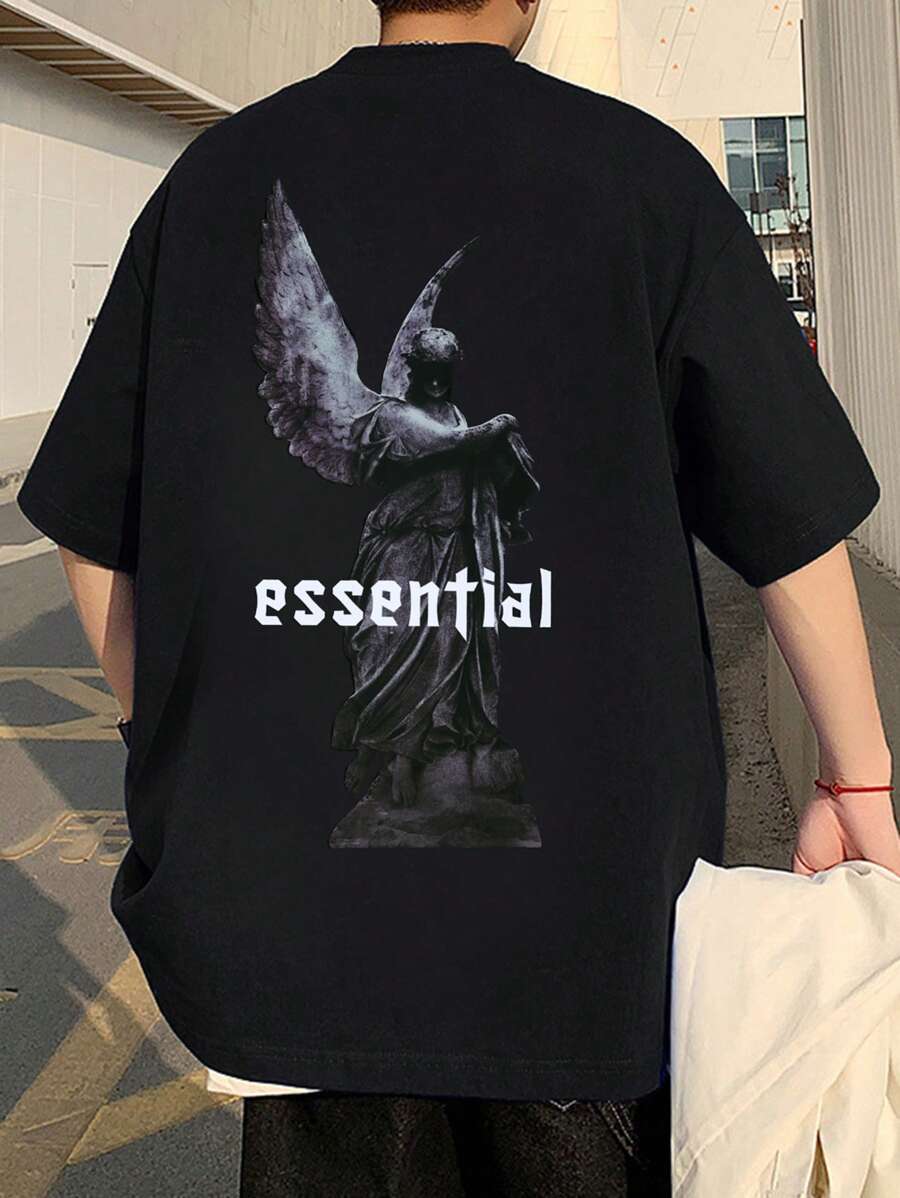 Manfinity Hypemode Men T-Shirts Baggy Crew Neck Drop Shoulder Short Sleeve Graphic Tee Street Summer Polyester - Black - View 1