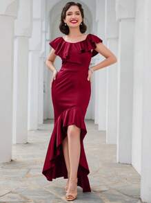 MUXXN Ruffle Trim Asymmetrical Hem Satin Prom Dress - Maroon - View 1