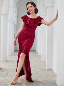 MUXXN Ruffle Trim Asymmetrical Hem Satin Prom Dress - Maroon - View 3