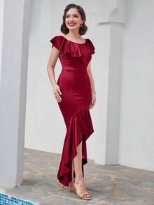 MUXXN Ruffle Trim Asymmetrical Hem Satin Prom Dress - Maroon - View 6