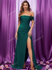 Faeriesty Elegant Satin Off-Shoulder Evening Gown With High-Slit Hem | Perfect For Bridesmaids, Evening Parties, Luxury Weddings, Galas, Or Red Carpet Appearances Bridesmaid Dress