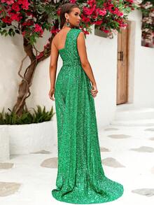 LOVE&LEMONADE One Shoulder Split Thigh Sequin Formal Dress - Green - View 2