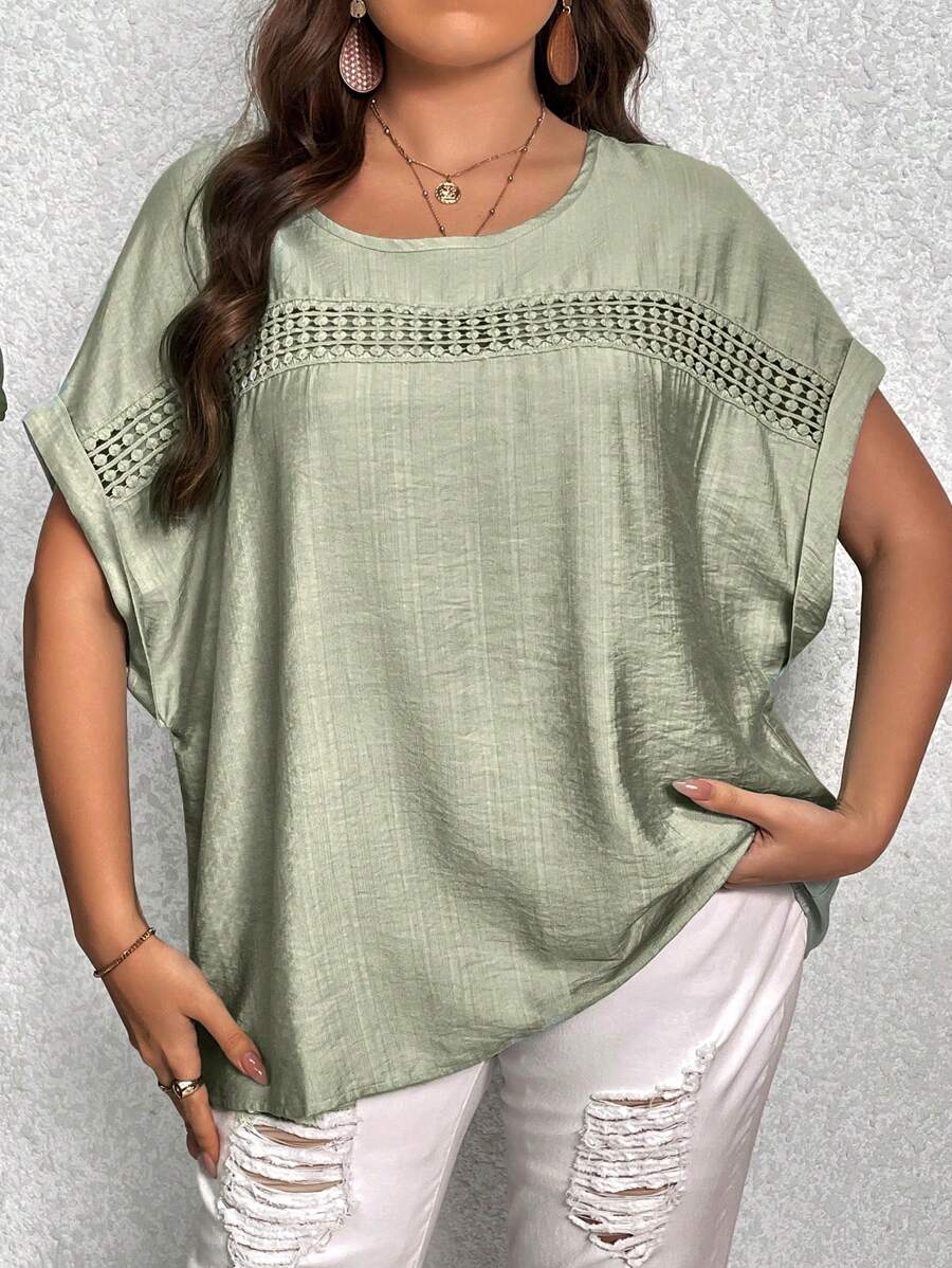 SHEIN LUNE Plus Contrast Lace Batwing Sleeve Blouse - Green - View 1