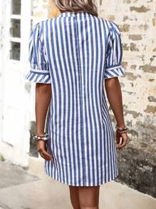 SHEIN LUNE Striped Print Puff Sleeve Tunic Dress - Blue and White - View 2