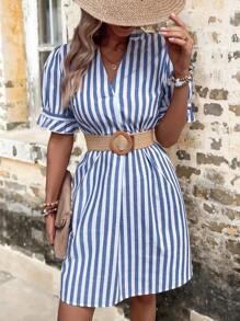 SHEIN LUNE Striped Print Puff Sleeve Tunic Dress - Blue and White - View 4