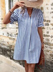 SHEIN LUNE Striped Print Puff Sleeve Tunic Dress - Blue and White - View 5