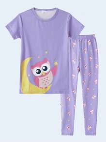 少女卡通圖形緊身睡衣套裝 - 紫丁香色 - 查看 1