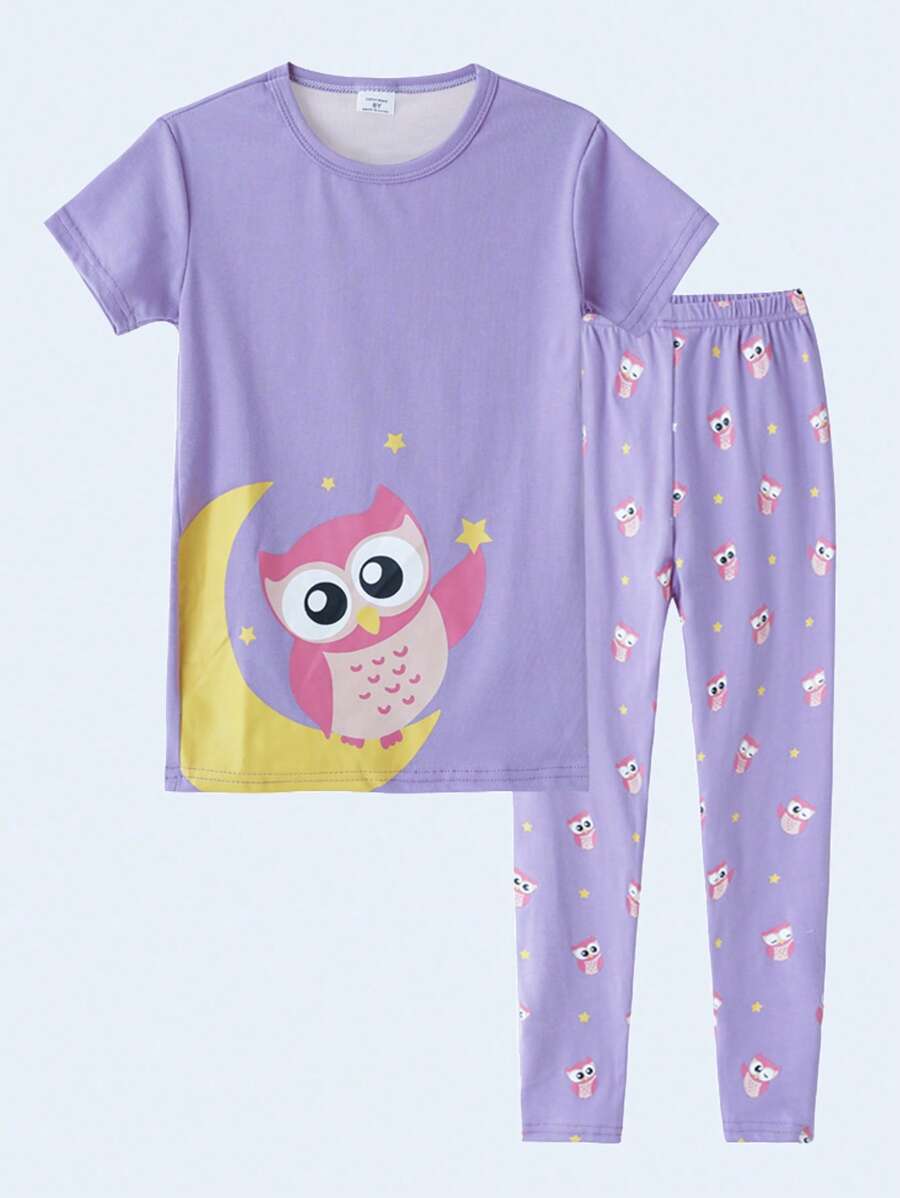 少女卡通圖形緊身睡衣套裝 - 紫丁香色 - 查看 1