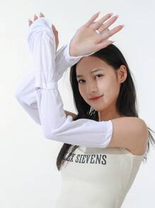 1雙女士素色透氣防曬休閒長款露指手套適用於戶外 - 灰色 - 查看 1