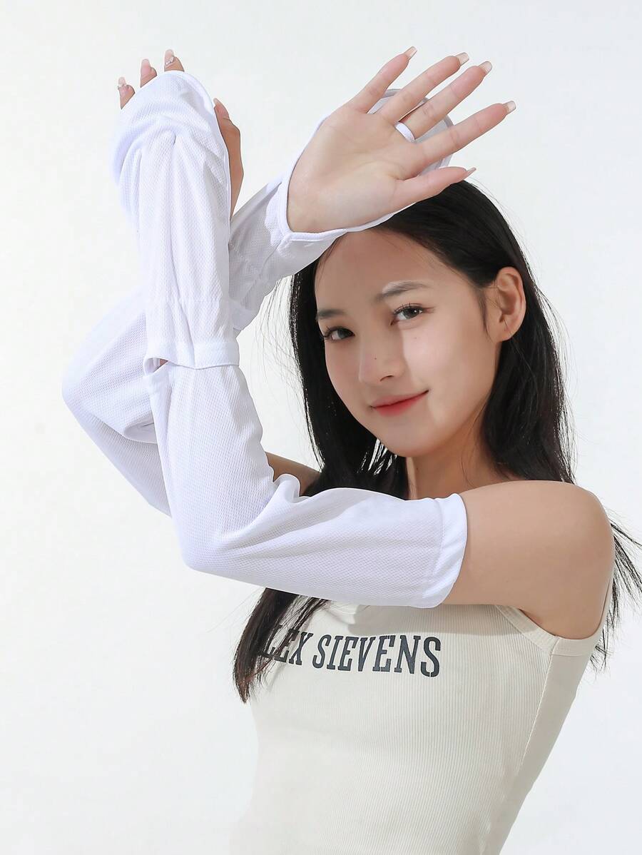 1雙女士素色透氣防曬休閒長款露指手套適用於戶外 - 灰色 - 查看 1