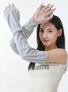 1雙女士素色透氣防曬休閒長款露指手套適用於戶外 - 灰色 - 查看 2