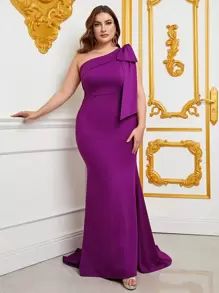 Plus One Shoulder Bow Detail Floor Length Formal Dress