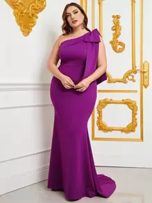 Plus One Shoulder Bow Detail Floor Length Formal Dress