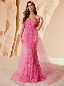 Off Shoulder Mesh Panel Sequin Prom Dress - Pink - View 1
