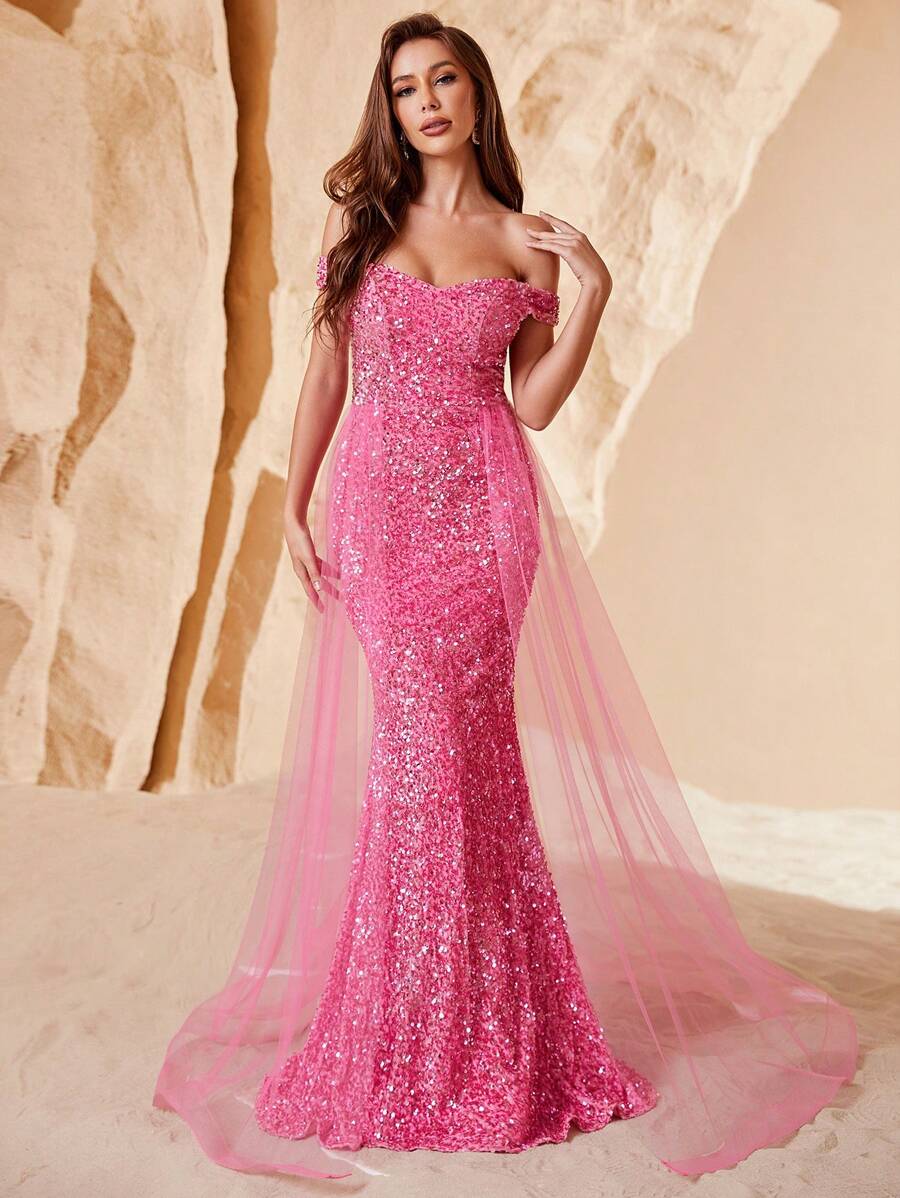 Off Shoulder Mesh Panel Sequin Prom Dress - Pink - View 1