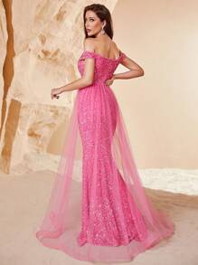 Off Shoulder Mesh Panel Sequin Prom Dress - Pink - View 2