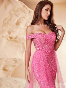 Off Shoulder Mesh Panel Sequin Prom Dress - Pink - View 4
