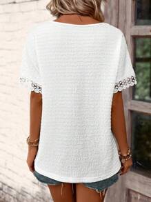 SHEIN LUNE Áo thun nữ Tương phản ren màu trơn Giải trí - trắng - Xem 2