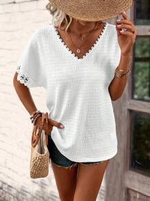 SHEIN LUNE Áo thun nữ Tương phản ren màu trơn Giải trí - trắng - Xem 4