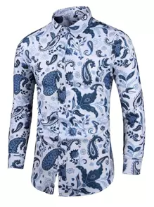 Men Paisley Print Button Up Shirt - Blue and White - View 1