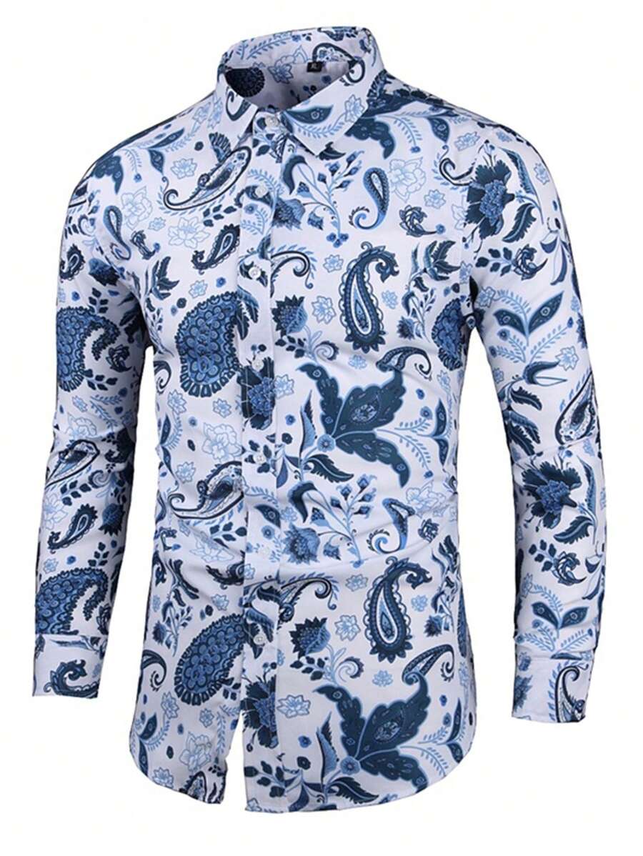 Men Paisley Print Button Up Shirt - Blue and White - View 1
