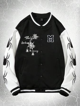 Goth Veste Universitaire Bicolore Avec Lettre Cobweb Graphic Pour Hommes Sans Sweat-shirt À Capuche