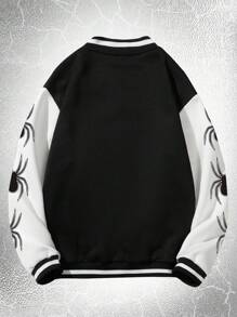 ROMWE MEN Goth 男士字母蜘蛛織圖案兩色運動外套,無帽版 - 黑與白 - 查看 2