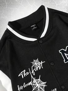 ROMWE MEN Goth 男士字母蜘蛛織圖案兩色運動外套,無帽版 - 黑與白 - 查看 7