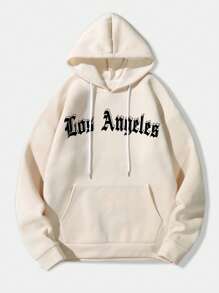 ROMWE MEN Street Life Guys Letter & Pigeon Print Kangaroo Pocket Drawstring Thermal Hoodie - Khaki - View 2