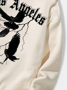 ROMWE MEN Street Life Guys Letter & Pigeon Print Kangaroo Pocket Drawstring Thermal Hoodie - Khaki - View 7