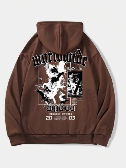 Street Life Guys Letter Eagle Graphic Kangaroo Pocket Drawstring Thermal Hoodie