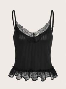 SHEIN ICON Contrast Lace Ruffle Hem Cami Top - Black - View 1