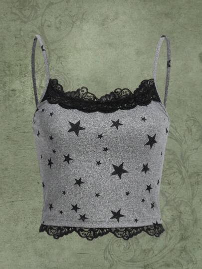 Star Print Contrast Lace Cami Top