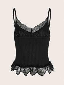 SHEIN ICON Contrast Lace Ruffle Hem Cami Top - Black - View 2