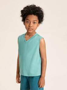 SHEIN Boys 100% Cotton Solid V Neck Tank Top - Cadet Blue - View 3