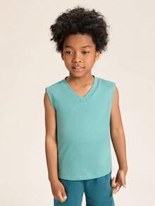 SHEIN Boys 100% Cotton Solid V Neck Tank Top - Cadet Blue - View 5