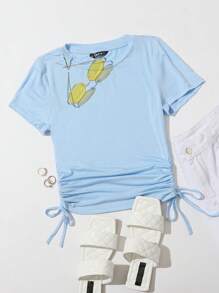 Drawstring Side Solid Tee - Baby Blue - View 1