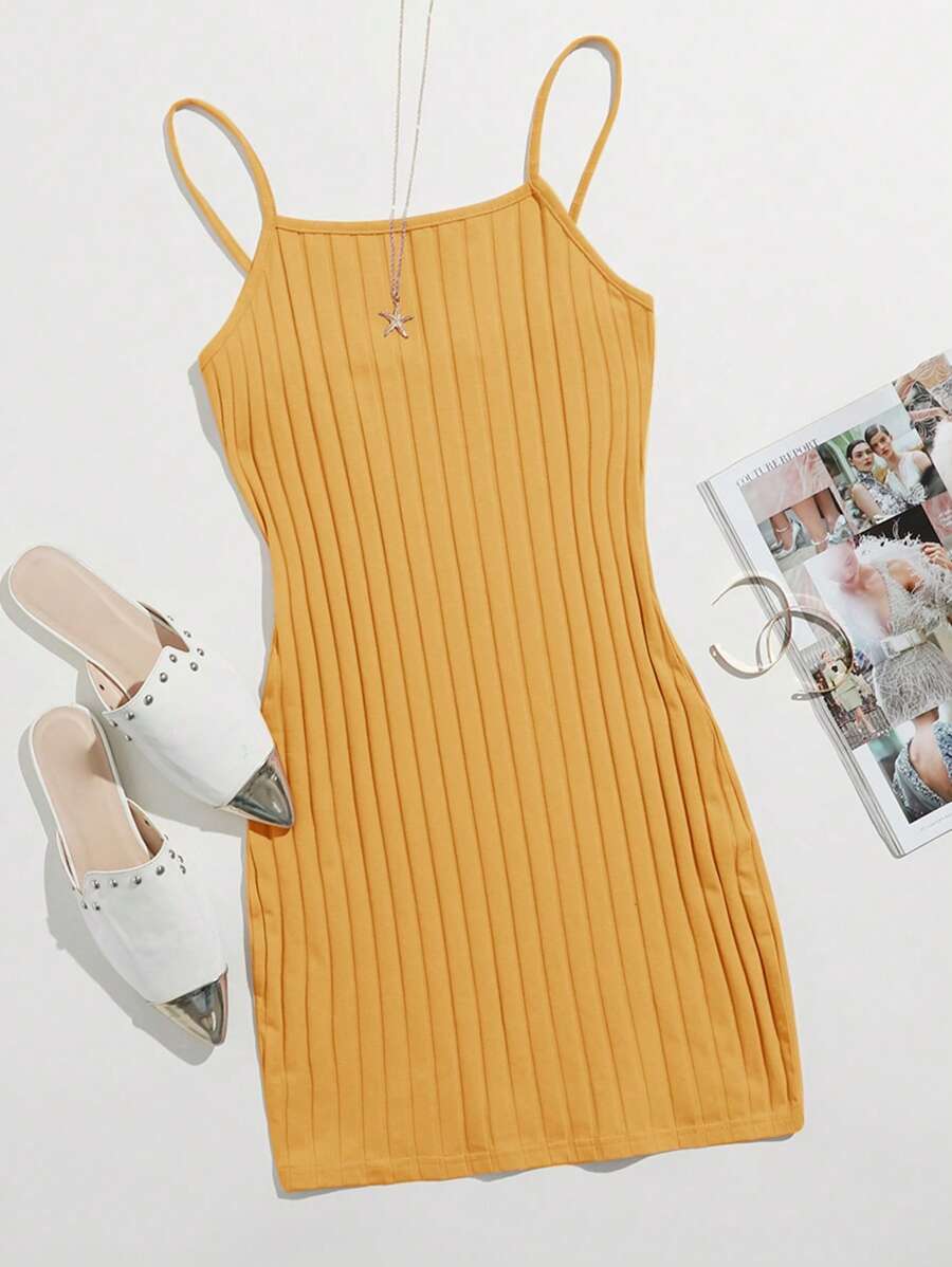 SHEIN EZwear Vestido ajustado unicolor tejido de canalé - Amarillo - Ver 1