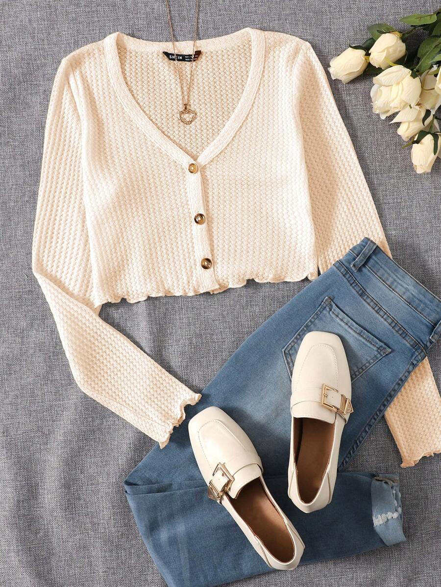 SHEIN EZwear Top con botón tejido waffle ribete en forma de lechuga - Albaricoque - Ver 1