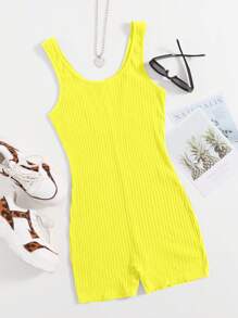 SHEIN EZwear Neon Yellow Scoop Neck Rib-knit Tank Unitard Romper - Yellow - View 1