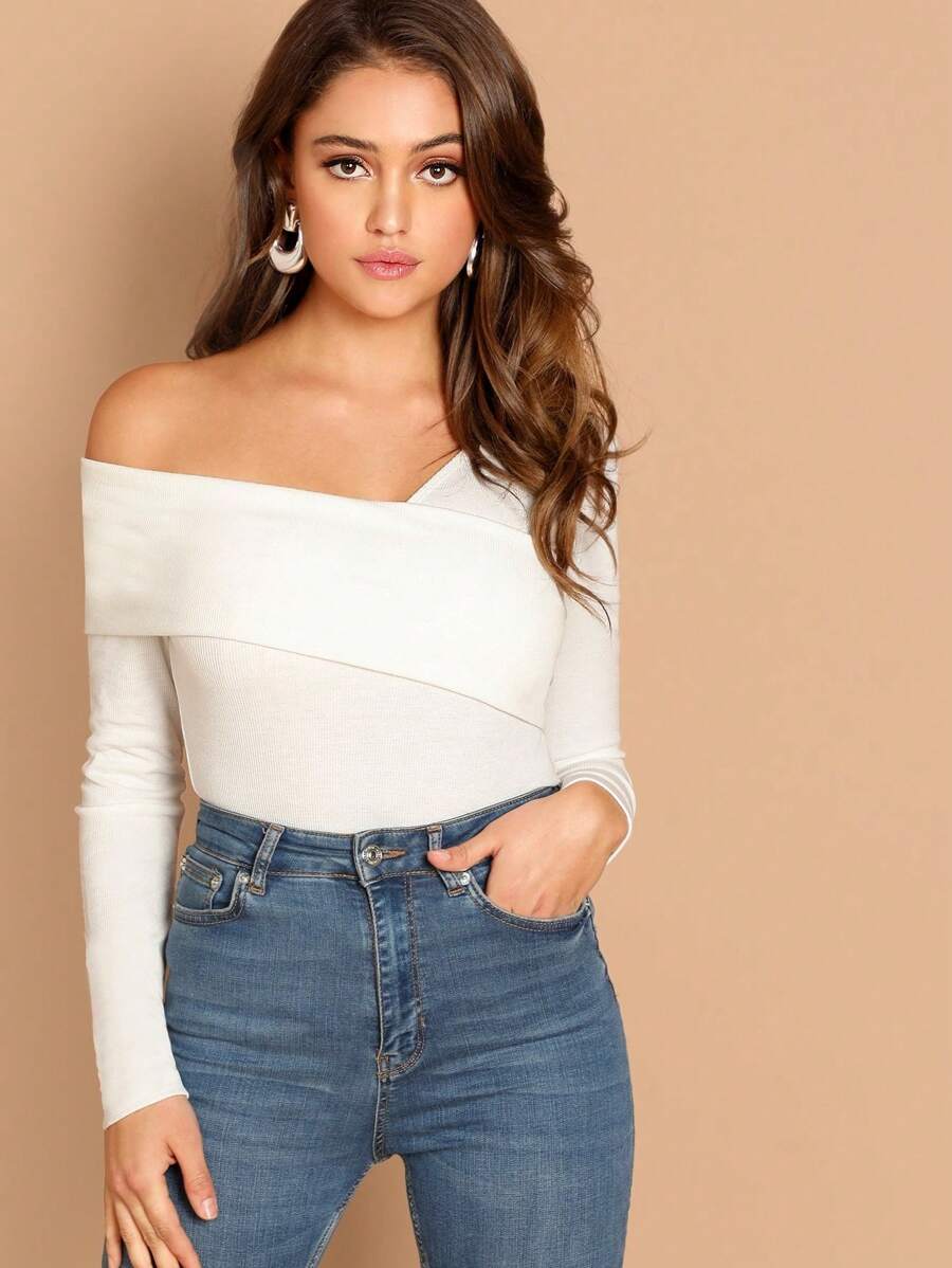 SHEIN Privé 折邊不對稱領素色T恤 - 白色 - 查看 1