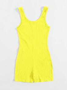 SHEIN EZwear Neon Yellow Scoop Neck Rib-knit Tank Unitard Romper - Yellow - View 2