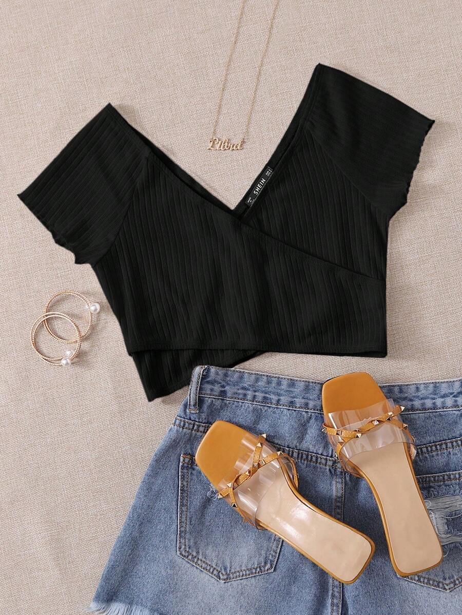 SHEIN EZwear Ribbed Surplice Cropped Wrap Top - Black - View 1