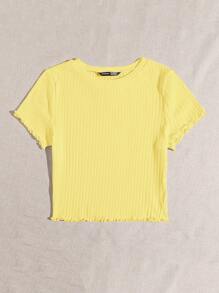 SHEIN EZwear 素色小褶邊羅紋針織T恤 - 黃色 - 查看 4