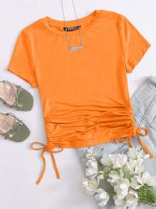SHEIN EZwear Top unicolor con cordón lateral naranja neón - Naranja - Ver 1